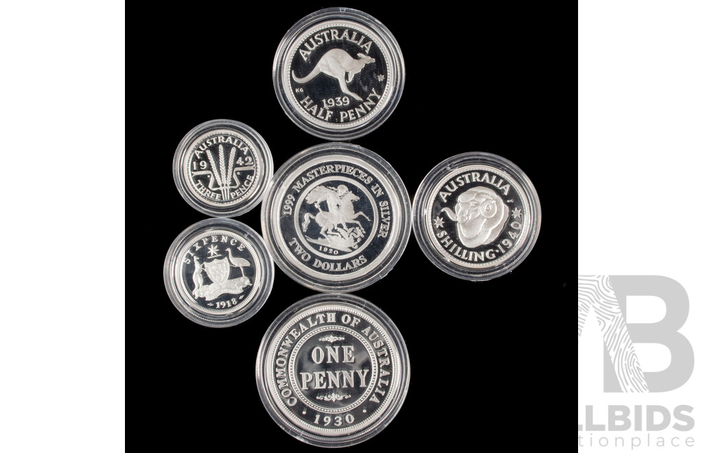 Australian 1999 Masterpieces in Silver Six Coin Set .999