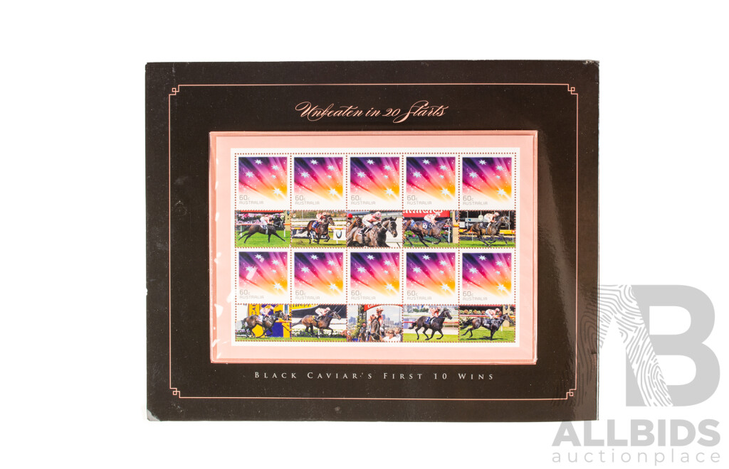 Australian Coins and Philateley Including 1999 RAM Six UNC Oin Set, 2010 Fifty Cent, 150th Running of Melbourne Cup, Four 2017 Baby Set Coins, Black Caviar Stamp Set, Vintage Sydney Harbour Bridge Post Card