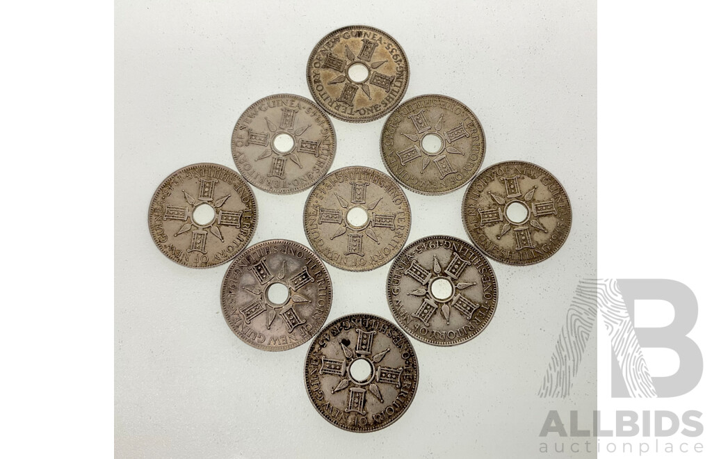 Eight Papua New Guinea 1945 Silver Shillings, One 1935 .925