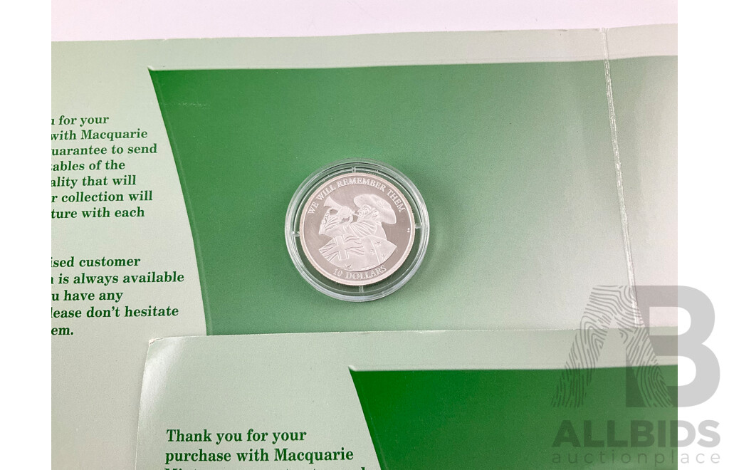 Nauru Macquarie Mint Silver Ten Dollar Coin, We Will Remember Them and Gallipoli Landing Coin, Silver Plated 225 Years of Sydney Coin, Olympic and Scout Medallions