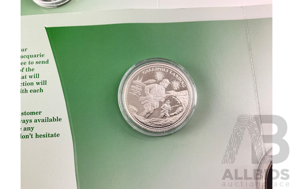 Nauru Macquarie Mint Silver Ten Dollar Coin, We Will Remember Them and Gallipoli Landing Coin, Silver Plated 225 Years of Sydney Coin, Olympic and Scout Medallions