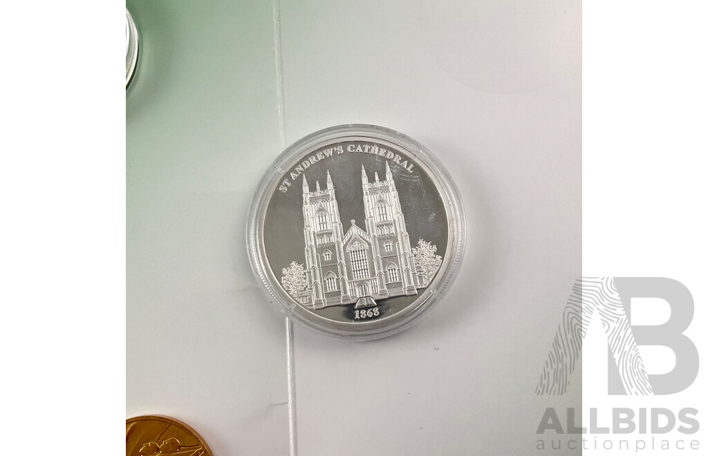 Nauru Macquarie Mint Silver Ten Dollar Coin, We Will Remember Them and Gallipoli Landing Coin, Silver Plated 225 Years of Sydney Coin, Olympic and Scout Medallions