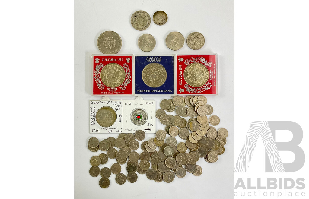 United Kingdom 1938 Silver Half Crown, 1940 Shilling, Commemorative Twenty Five Pence and Medals, New Zealand 2018 Coloured Fifty Cent, Collection of 1950's/60's Threepence