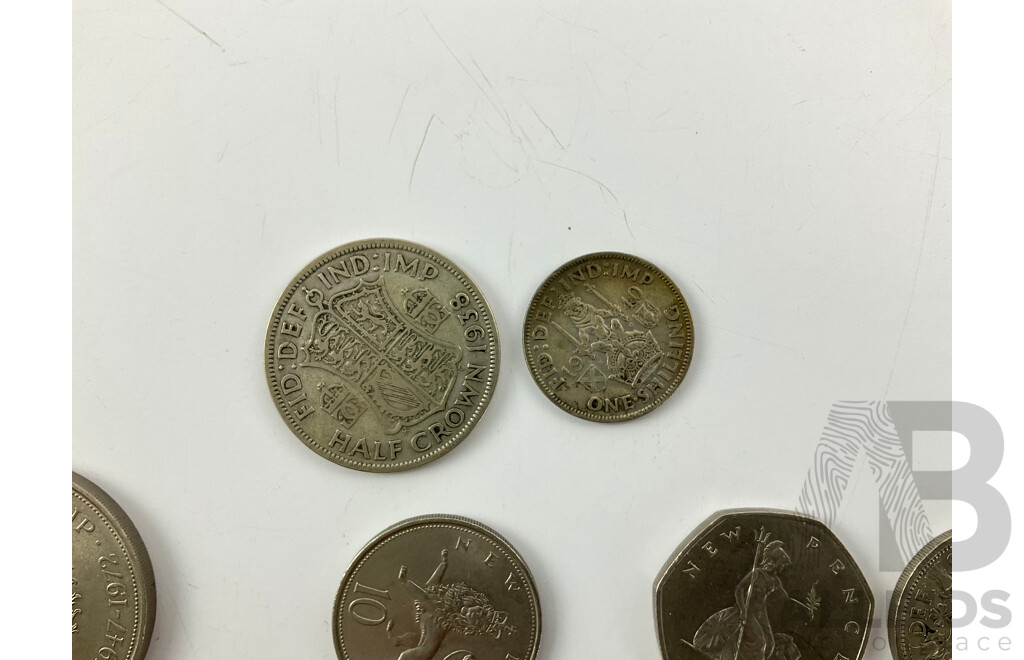 United Kingdom 1938 Silver Half Crown, 1940 Shilling, Commemorative Twenty Five Pence and Medals, New Zealand 2018 Coloured Fifty Cent, Collection of 1950's/60's Threepence