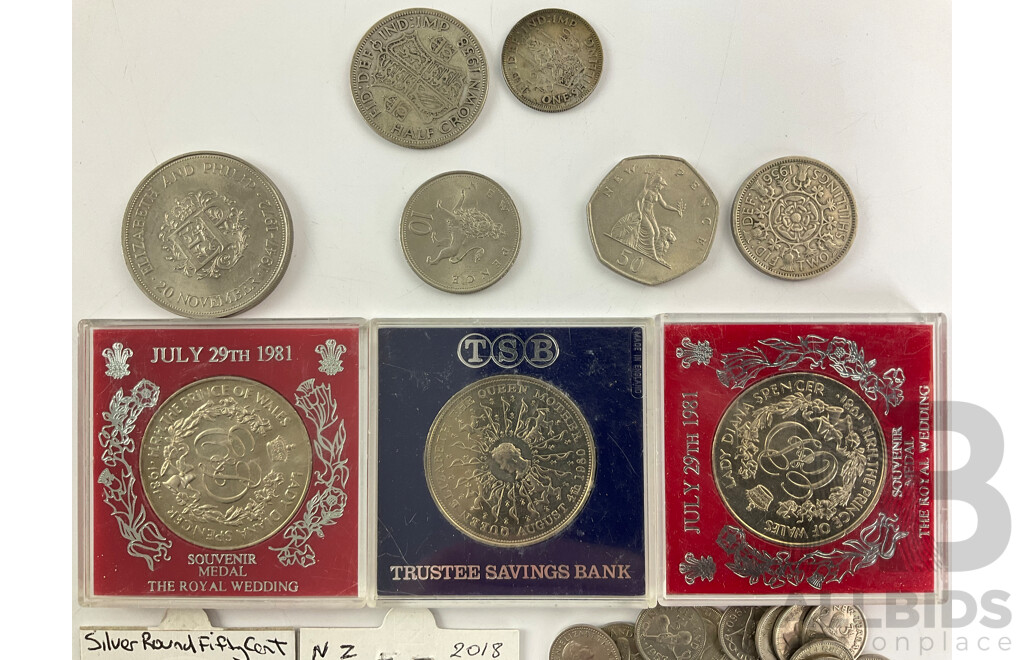 United Kingdom 1938 Silver Half Crown, 1940 Shilling, Commemorative Twenty Five Pence and Medals, New Zealand 2018 Coloured Fifty Cent, Collection of 1950's/60's Threepence