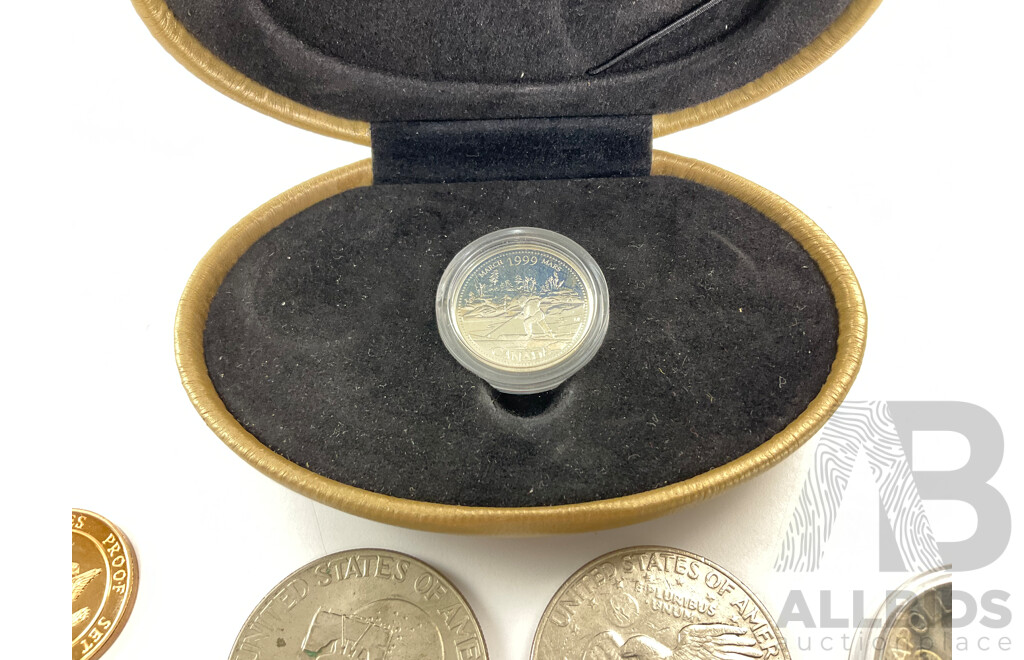 Canada 1999 Silver Twenty Five Cent Coin, History of Canada Through the Second Millennium, USA 1972D, 1976D Eisenhower Dollars, 1974D Kennedy Half Dollar, Bicentennial, Apollo and Treasury Medallions
