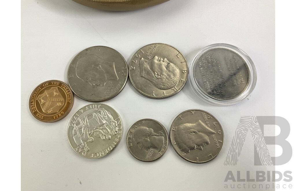 Canada 1999 Silver Twenty Five Cent Coin, History of Canada Through the Second Millennium, USA 1972D, 1976D Eisenhower Dollars, 1974D Kennedy Half Dollar, Bicentennial, Apollo and Treasury Medallions