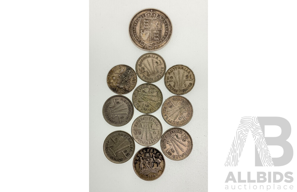 United Kingdom 1887 QV Silver Shilling with Ten Australian Silver Threepence