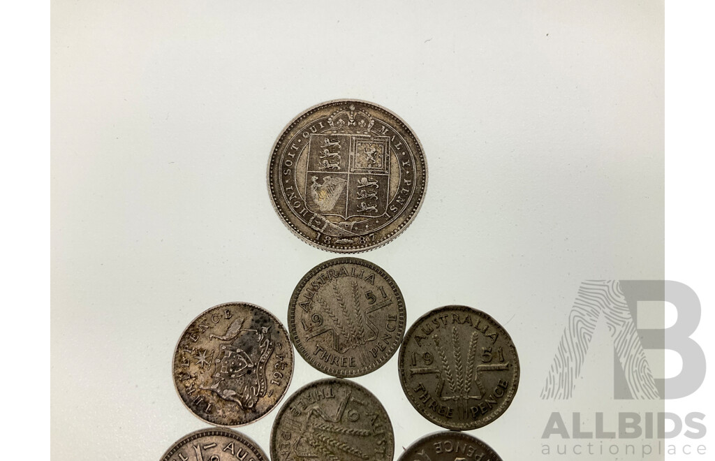 United Kingdom 1887 QV Silver Shilling with Ten Australian Silver Threepence