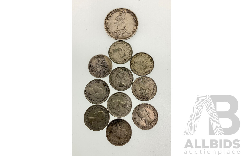 United Kingdom 1887 QV Silver Shilling with Ten Australian Silver Threepence