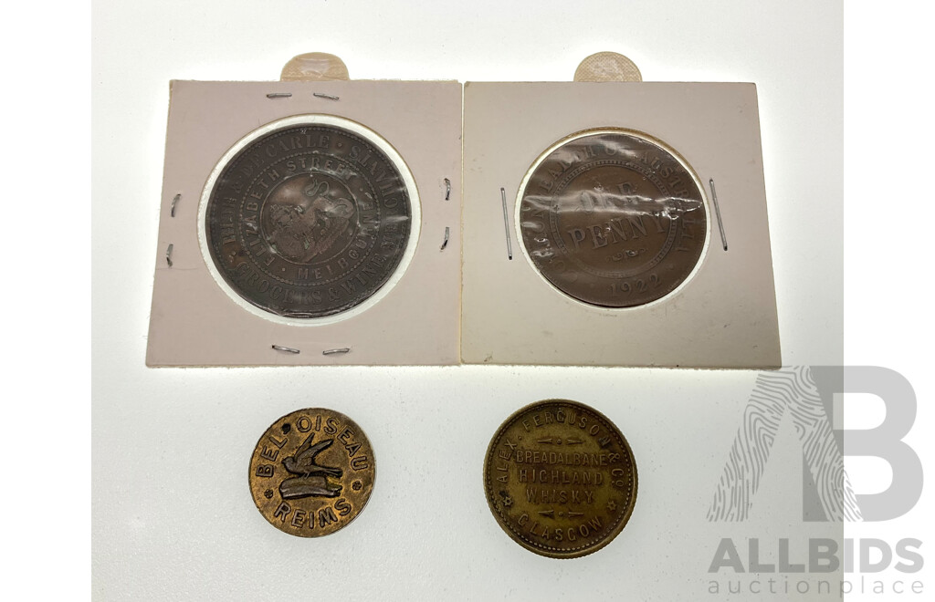 Australian 1858 Hide & De Carle Grocers & Wine Merchants Coin, 1922 KGV Penny, Breadalbane Highland Whiskey Token, 1874 Reims Champagne Token