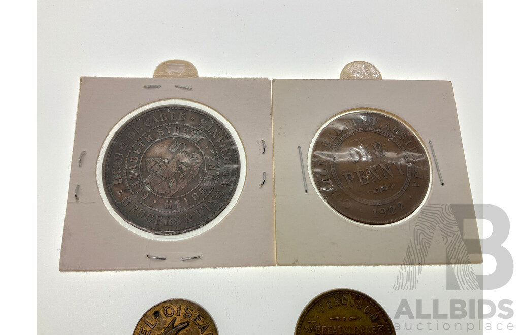 Australian 1858 Hide & De Carle Grocers & Wine Merchants Coin, 1922 KGV Penny, Breadalbane Highland Whiskey Token, 1874 Reims Champagne Token