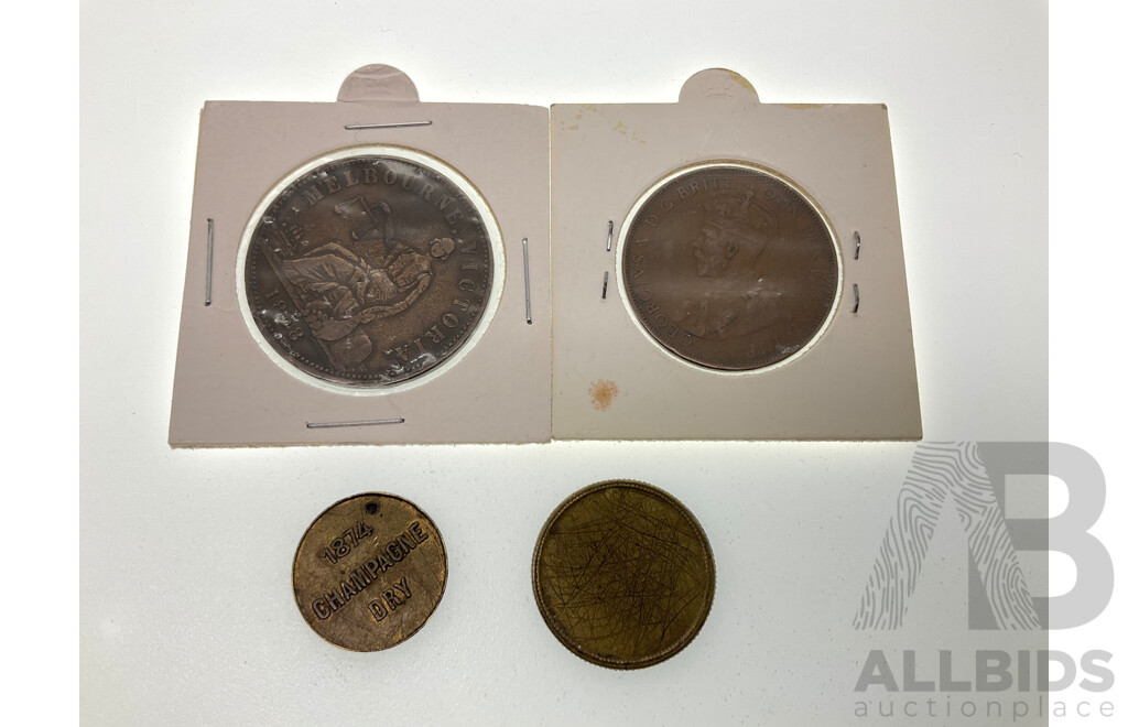 Australian 1858 Hide & De Carle Grocers & Wine Merchants Coin, 1922 KGV Penny, Breadalbane Highland Whiskey Token, 1874 Reims Champagne Token