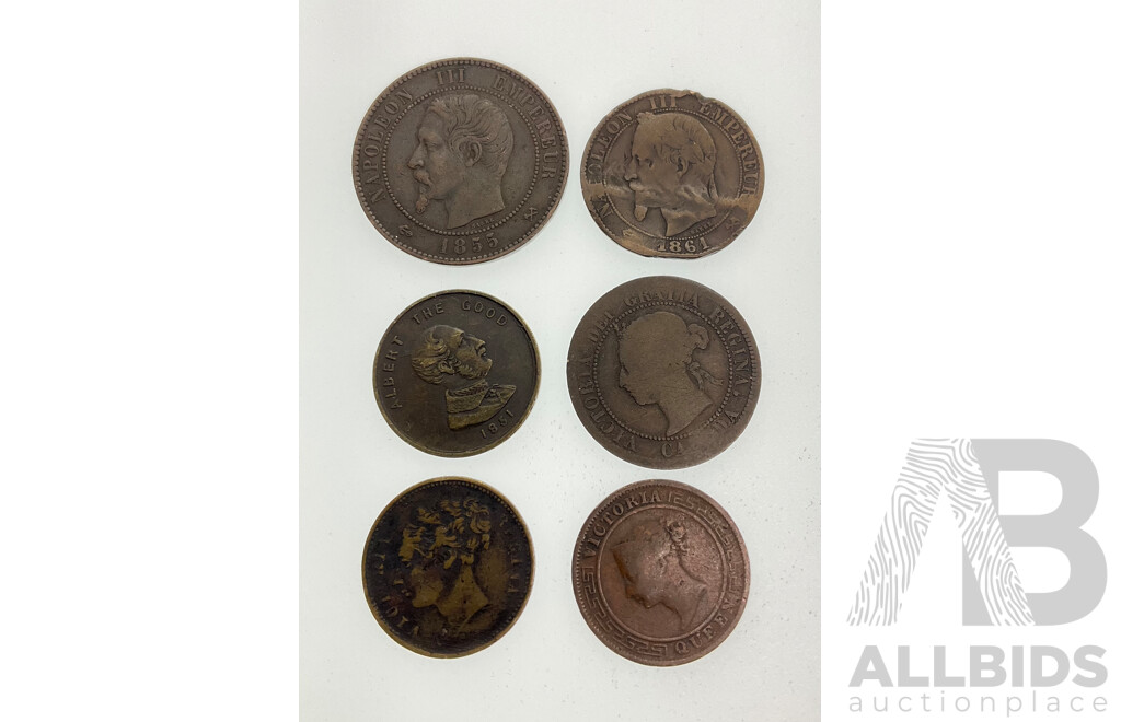 Collection of Antique Coins Including France 1855 Napoleon III Ten Centimes, 1861 Five Centimes, Canada 1888 QV One Cent, Ceylon 1870 QV One Cent, German Two Pfennig, 1851 Albert the Great Exhibition Token