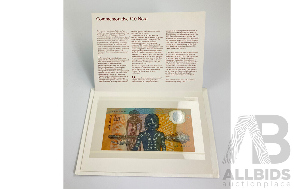 Australian 1988 Ten Dollar Note, Bicentennial Commemorative AA 14008812