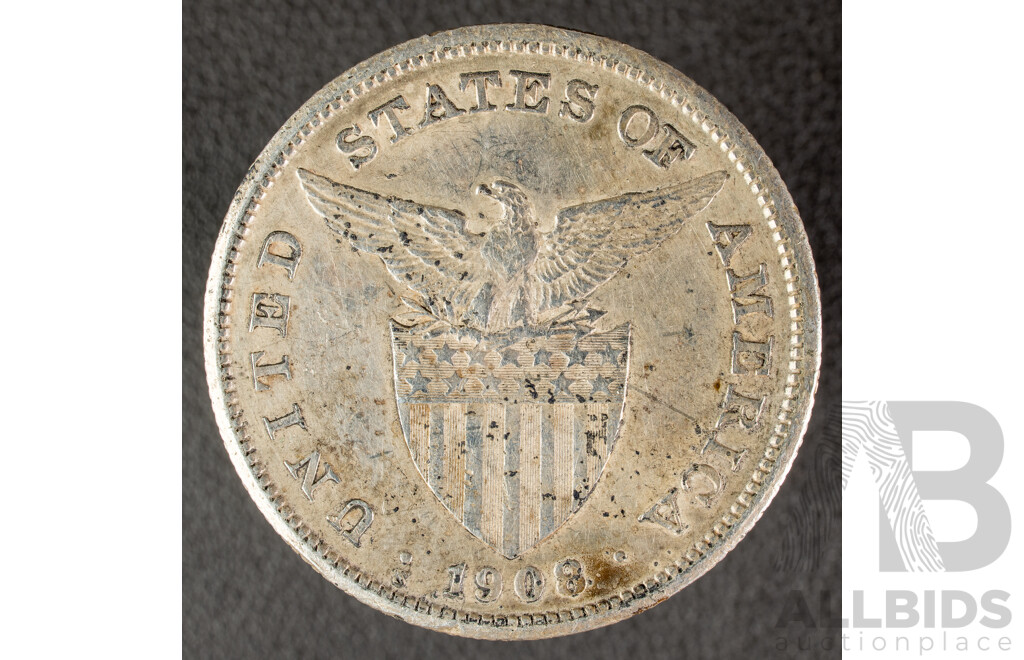 Philippines 1908 Silver One Pesos Coin .800