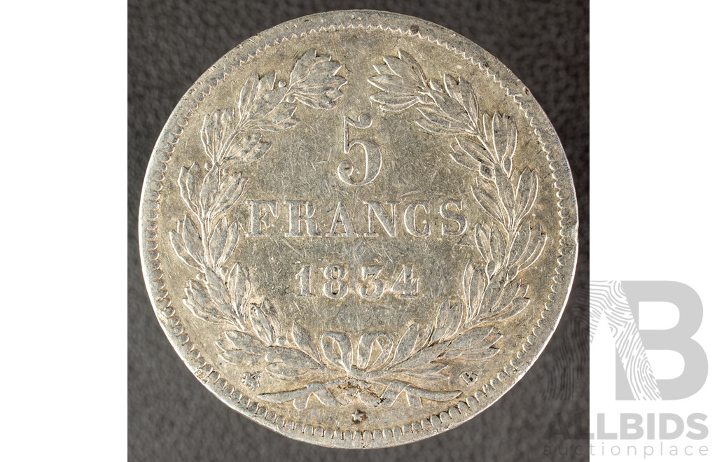 France 1834 Silver Five Francs Coin, Louis Philippe I .900
