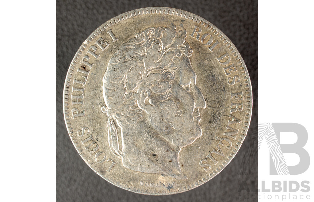 France 1834 Silver Five Francs Coin, Louis Philippe I .900
