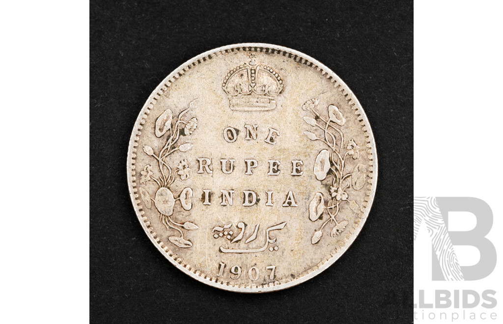 India 1907 KEVII Silver One Rupee Coin .925