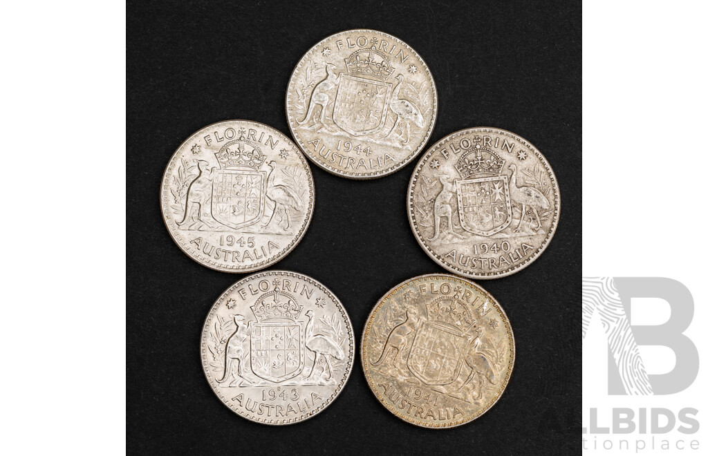 Australian KGVI Silver Florins, 1940 1941, 1942, 1943S, 1944  .925