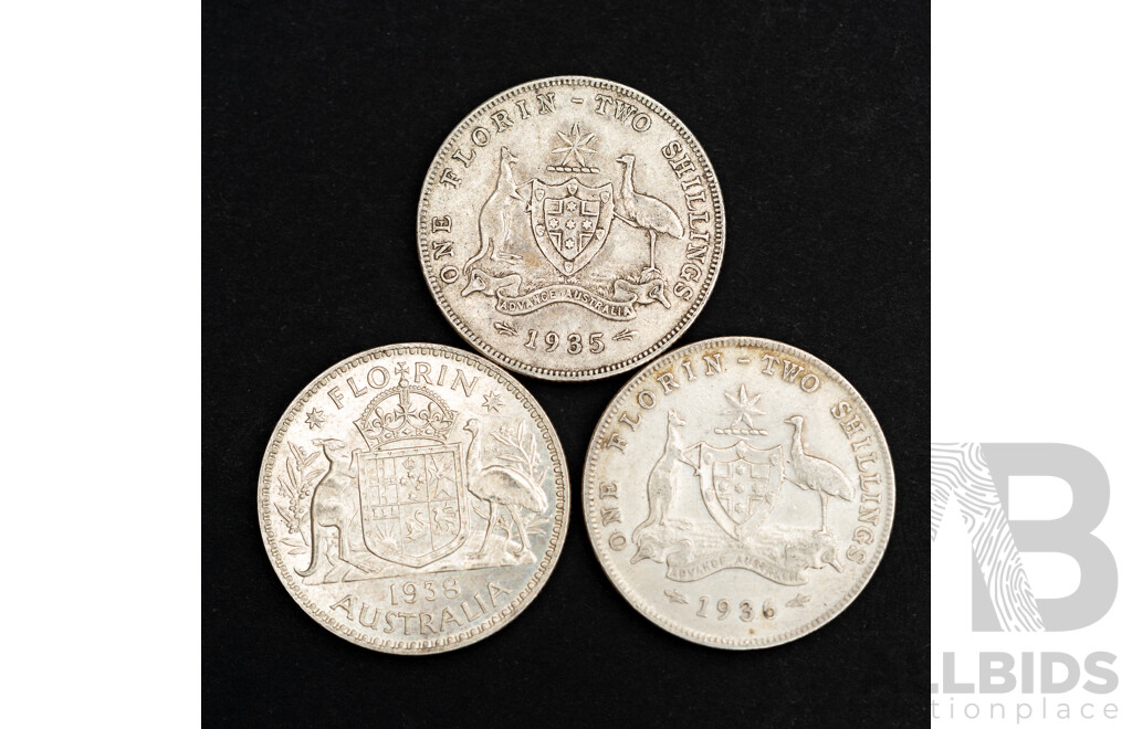 Three Australian Silver Florins, 1935, 1936, 1938 .925