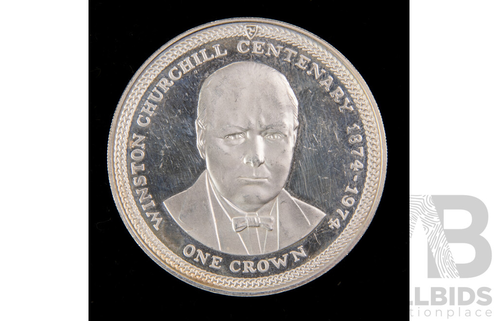 Isle of Man 1974 Silver One Crown, Winston Churchill Centenary .925