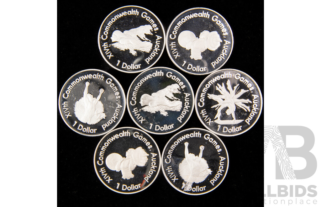 Seven New Zealand 1989 Silver Proof One Dollar Coins, XIV Commonwealth Games .925