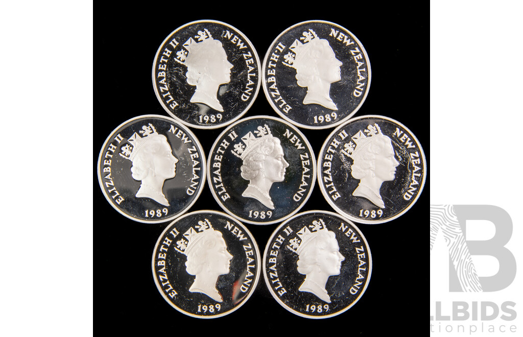 Seven New Zealand 1989 Silver Proof One Dollar Coins, XIV Commonwealth Games .925
