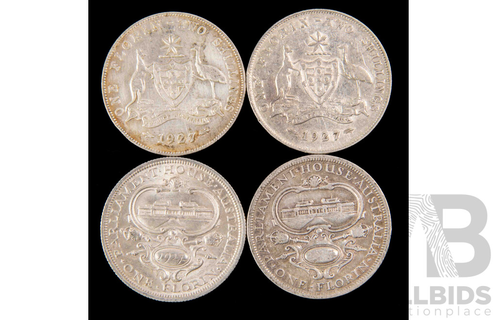 Four Australian 1927 Silver KGV Florins, Two Commemorative, Two Standard .925