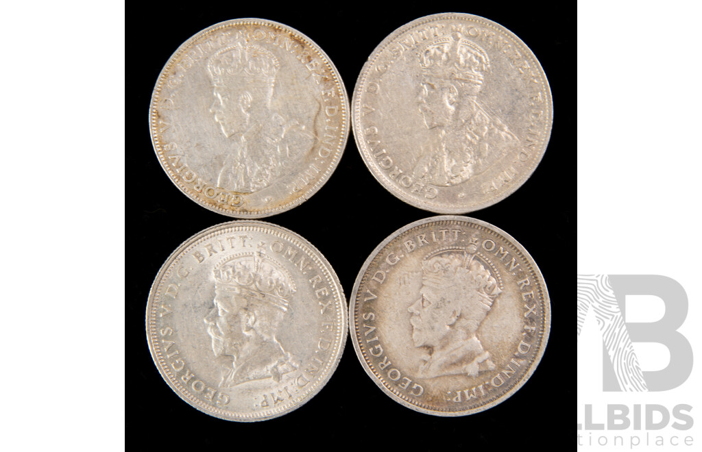 Four Australian 1927 Silver KGV Florins, Two Commemorative, Two Standard .925