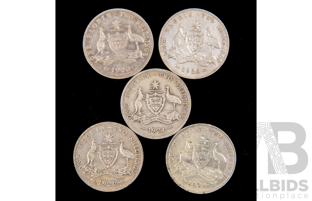 Five Australian Silver KGV Florins Including 1924, 1925, 1927,1928, 1934 .925