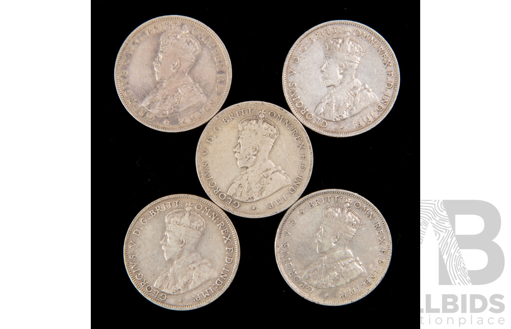 Five Australian Silver KGV Florins Including 1924, 1925, 1927,1928, 1934 .925