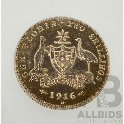 Australian 1916 Silver KGV Florin, Melbourne Mint .925