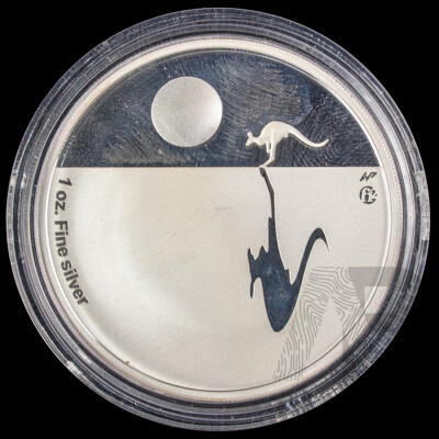 Australian RAM 2009 Silver Proof One Dollar Coin, Kangaroo at Sunset, F12 Privy Mark .999