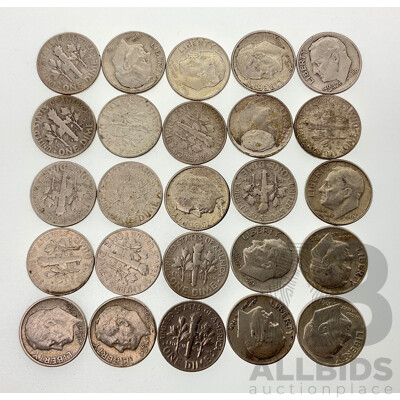 Twenty Five USA 1960's Silver Roosevelt Dimes, Phildelphia and Denver Mints .900
