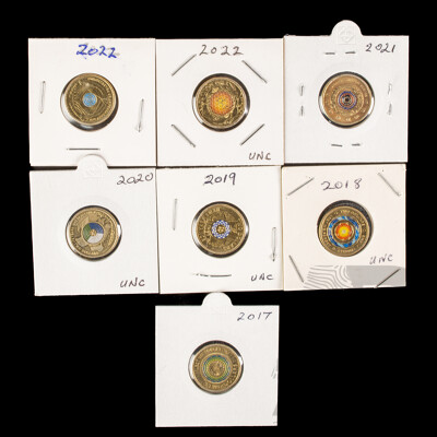 Collection of Australian Two Dollar Coins Including 2019 Police Remembrance, 2017, 2018 Lest We Forget, 2020 End of WW2, 2021 Indigenous Service, 2022 Peace Keeping, 2022 Honey Bee