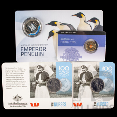 Australian RAM 2023 Coloured Fifty Cent, Emperor Penguin, 2020 Two Dollar Australia's Firefighters Two 2018 Twenty Cents, 100 Years ANZACS Nurses,