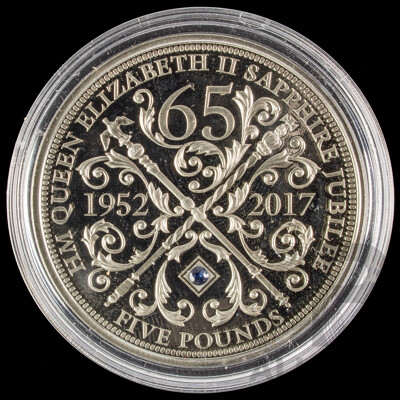 United Kingdom 2017 Five Pound Proof Coin, QE2 Sapphire Jubilee with Blue Sapphire Set in Coin