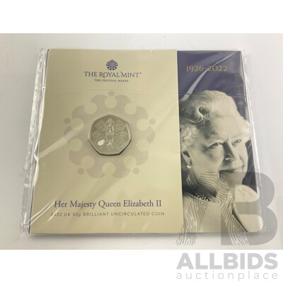 United Kingdom Royal Mint 2022 Brilliant Fifty Pence Coin, QE2 1926-2022