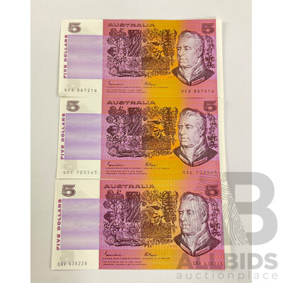 Three Australian 1985 Five Dollar Banknotes Johnston/Fraser QCB, QDE, QAV