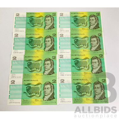 Eight Australian 1985 Two Dollar Banknotes Johnston/Fraser