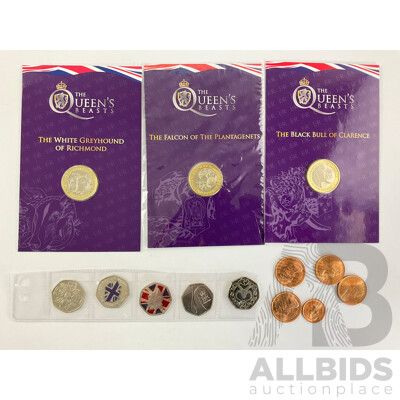 Collection of United Kingdom Coins Including The Queens Beasts, Commemorative/Coloured Fifty Pence, 1971 UNC One and Two Pence