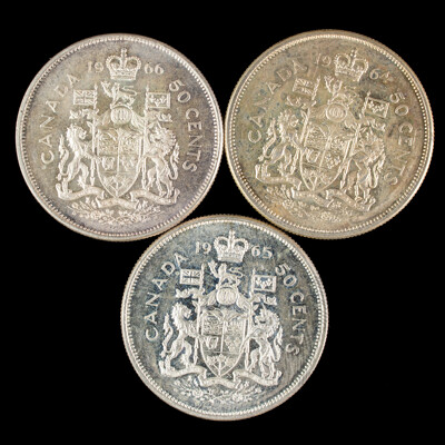 Three Canadian Silver QE2 Fifty Cent Coins, Years 1964, 1965, 1966  .800