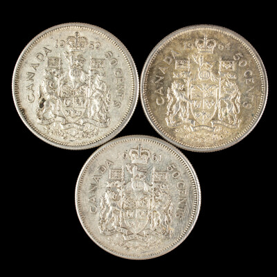 Three Canadian Silver QE2 Fifty Cent Coins, Years 1959, 1961, 1964 .800