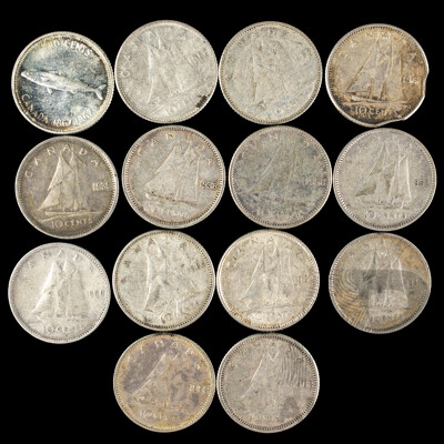 Fourteen Canadian Silver KGVI/QE2 Ten Cent Coins, Examples Spanning 1938 to 1968  .800