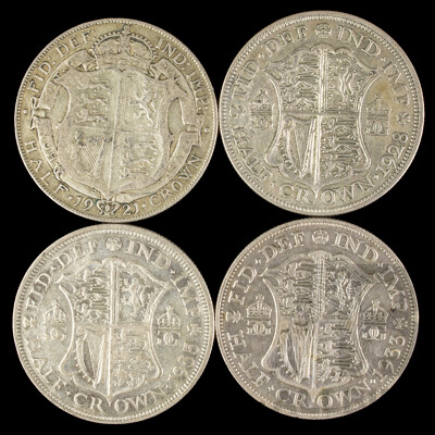 Four Great Britain KGV Silver Half Crowns, 1921, 1928, 1933, 1935  .500