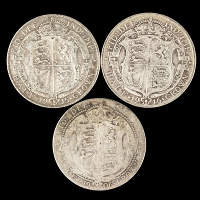 Three Great Britain KEVII/KGV Silver Half Crowns 1906, 1915, 1916  .925