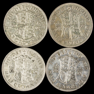 Four Great Britain KGVI Silver Half Crowns 1938, 1940(2) 1945  .500