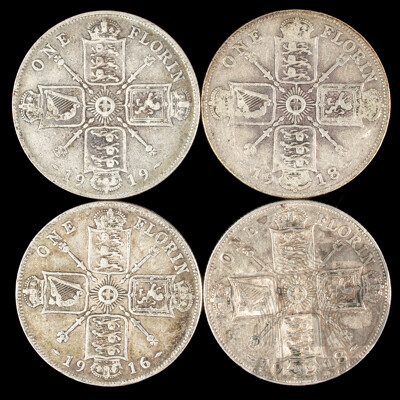 Four Great Britain KGV Silver Florins 1916, 1918(2) 1919  .925