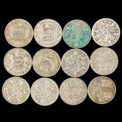 Twelve Great Britain KGV Silver Sixpence, Examples Spanning 1921 to 1932  .500